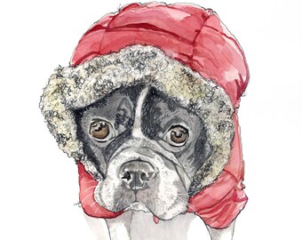 French Bulldog Watercolor Print, Winter Jacket Art