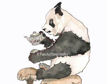 Panda bear tea pot watercolor print