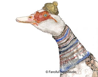 Jaunty Muscovy Duck Watercolor Print: Knit Sweater and Hat