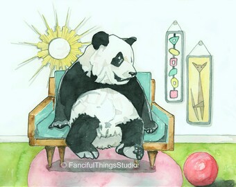 Panda Watercolor Nursery Print, Mid-Century Modern Decor, 8.5x11 Pigment Ink