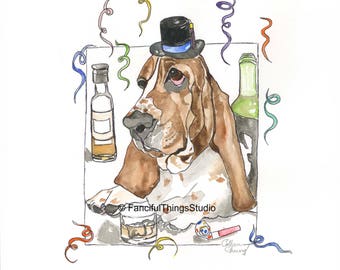Party Animal Basset Hound Watercolor Art Print
