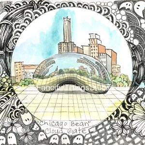 May include: A watercolor illustration of Chicago's Cloud Gate sculpture, also known as "The Bean," reflecting the city skyline. The artwork is framed by intricate black and white patterns and includes the text "Chicago Bean Cloud Gate."