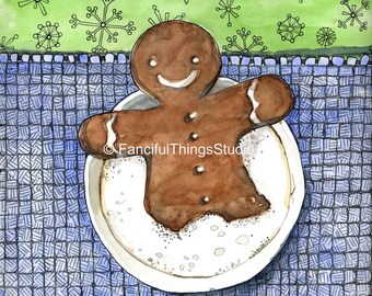 Gingerbread man holiday watercolor print