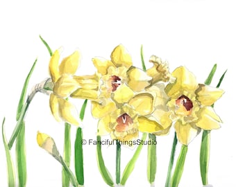 Daffodils Watercolor Print, Lemon Yellow Spring Floral Art