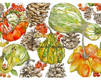 May include: A watercolor illustration featuring various gourds, pumpkins, and pinecones interspersed with clusters of red berries. The artwork includes the text FancifulThingsStudio. The composition displays orange, green, and yellow produce.