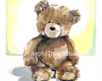Teddy Bear Watercolor Print, Nursery Wall Art (5) 5x7 Cards or 8.5x11 Print)