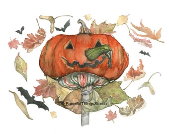 Pumpkin Head Print: Watercolor Jack-O'-Lantern Art