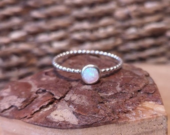 White Opal Sterling Silver Beaded Band Ring Dainty Stacking