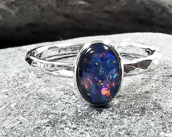 8x6mm Triplet Opal Sterling Silver Ring. Stacking. October Birthstone