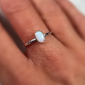 White Oval Opal Sterling Silver Band Ring Dainty Stacking