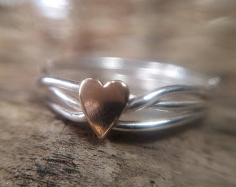 Sterling Silver And 9ct Gold Filled Heart Coiled Ring. Minimalistic Ring, Modern Contemporary Branch ring