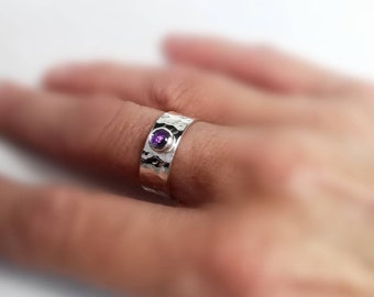 Amethyst Hammered Sterling Silver Band Ring Handmade by Rock and Feather. February Birthstone