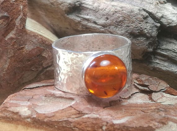 Hammered Silver Band. Amber Hammered Ring Amber ring