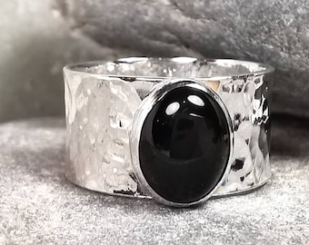 Sterling Silver Onyx Hammered Band Ring