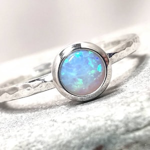 White Opal Hammered Sterling Dainty Ring by Rock and Feather Jewellery Opal Birthstone Gemstone Ring