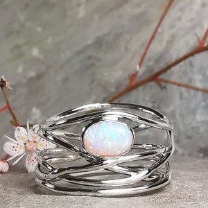 White Opal Sterling Silver Coiled Elfin Ring Handmade Hammered Wire Gemstone Statement Ring