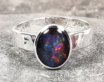 Australian Large Triplet Opal Sterling Silver Ring. Stacking. October Birthstone