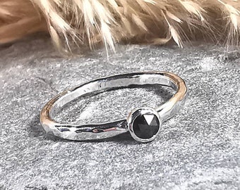 Natural Pure Black Diamond Sterling Silver Ring 4mm Rose Cut Gemstone