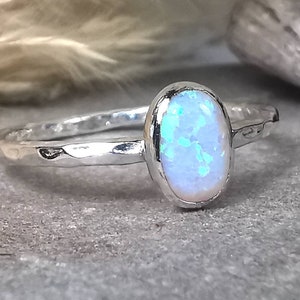 White Oval Opal Sterling Silver Band Ring Dainty Stacking