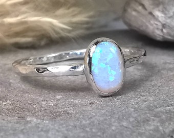 White Oval Opal Sterling Silver Band Ring Dainty Stacking