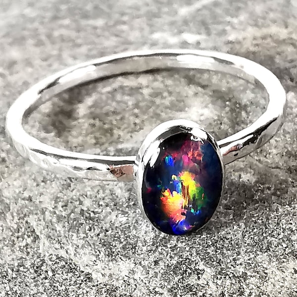 Australian Oval Triplet Opal Sterling Silver Ring. Stacking. October Birthstone