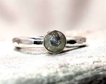 Natürliche graue Diamant Salz und Pfeffer 14k Gold & Silber Ring 4 mm Rosenschliff Edelstein
