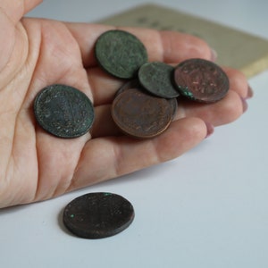 Coins of Tsarist Russia. 1700 those years. Denga. Kopecks. Old copper coins.