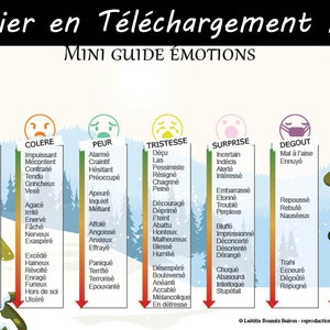 Peut inclure: Un tableau coloré sur fond hivernal présente différentes émotions et leurs sentiments associés. Les émotions sont : Joie, Colère, Peur, Tristesse, Surprise, Dégoût et Honte. Chaque émotion est représentée par un visage de dessin animé et une liste de mots décrivant le sentiment.
