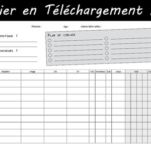 May include: A black and white printable worksheet with the title "Fichier en Téléchargement PDF". The worksheet is divided into sections for personal information, problem identification, triggers, and a plan for targeting. The worksheet also includes a grid with columns for situation, image, CN, CP, VOC, emotions, SUD, corps, SUD, VOC, and reevaluation.