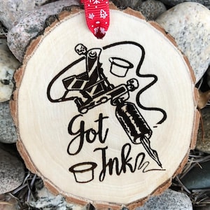 Got Ink Tattoo Themed Wooden Christmas Ornament, Tat, Peace Symbol, Airbrush, Wood Slice, Laser Engraved, Free Personalization