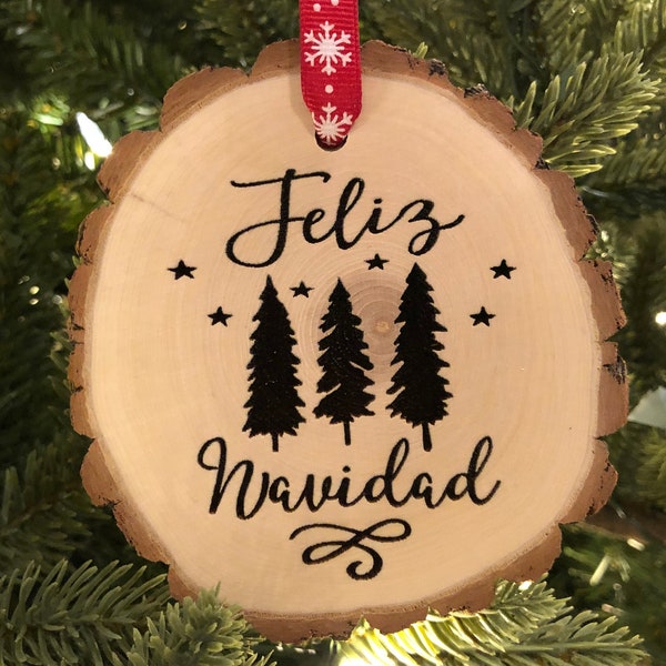 Wooden Christmas Feliz Navidad, Personalized Gift, Wood Slices, Spanish Gifts, Baby Shower Gift, José Feliciano,  Próspero año y felicidad