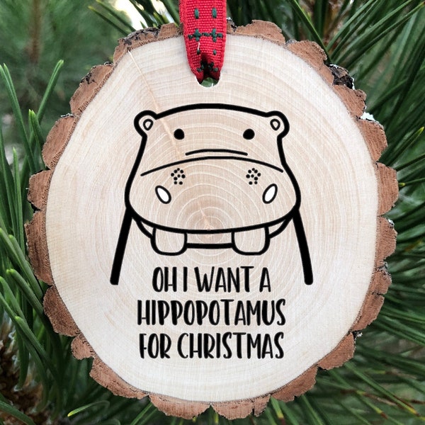 Oh I Want a Hippopotamus for Christmas Wooden Ornament,  Baby Hippo Head, zoo art, Gayla Peevey, Nursery Animal Print, Free Personalization
