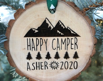 Wooden Christmas Ornament Happy Camper, Rustic Ornament, Wood Slice, Personalized, Tent Camping, Backpacking, Estes Park, Colorado, Campout