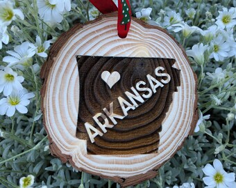Wooden Christmas Ornament Arkansas, Personalized Gift, Handmade Wood Slice, Razorbacks, Fayetteville, Little Rock, Fort Smith, Springdale