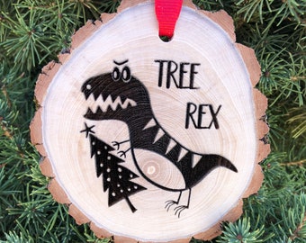 Wooden Christmas Ornament Tree Rex, Dinosaur Ornament, Funny Christmas Ornament for Kids, Wood Slices, SVG, T-Rex Free Personalization