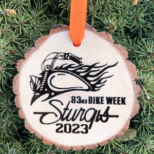 Sturgis Motorcycle Rally Wooden Christmas Ornament, Flaming Tank, Wing Patch, Harley Lover, Boyfriend Gift, Hog, Free Personalization