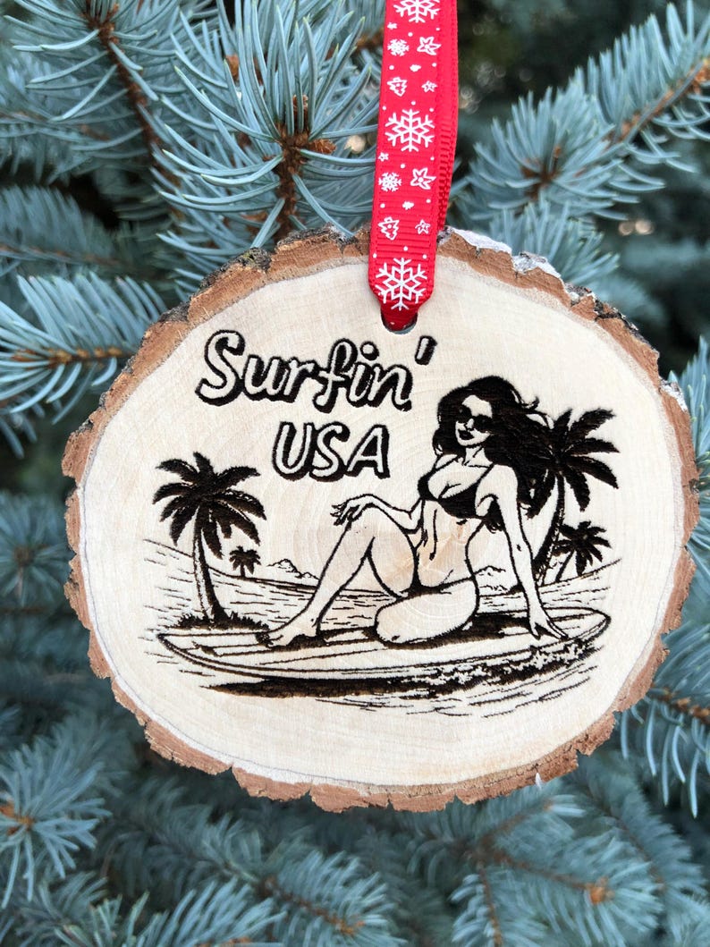 Surfin' USA Beach Themed Wooden Slice Christmas Ornament, Bikini Surfer