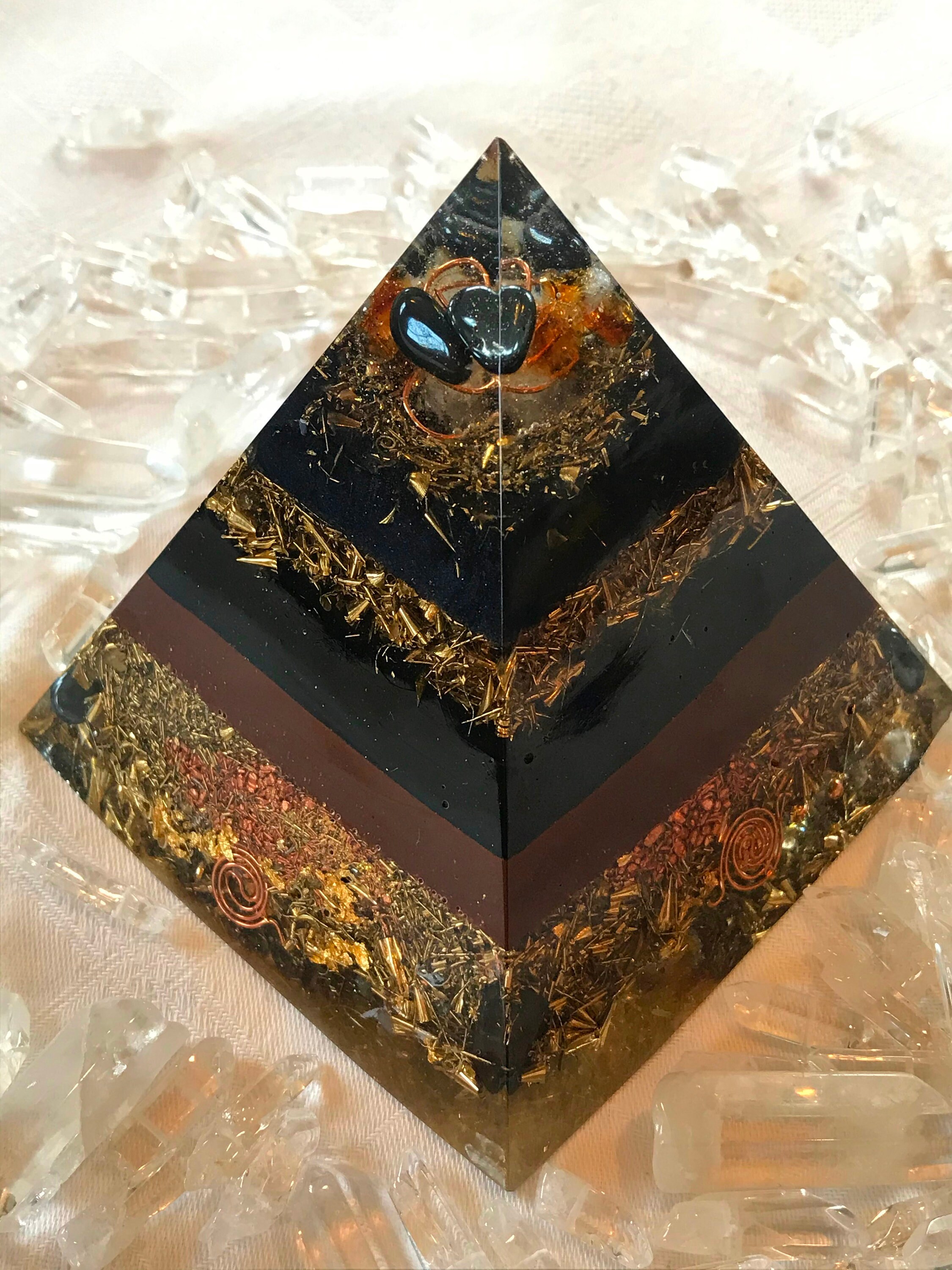 Large Orgone Pyramid with Shungite, Black Tourmaline, Hematite, Quart…