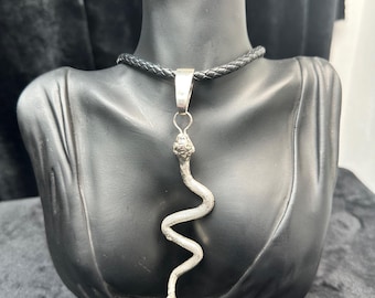 Solid Silver Snake Pendant: White Sapphire Eyes, Leather Chain