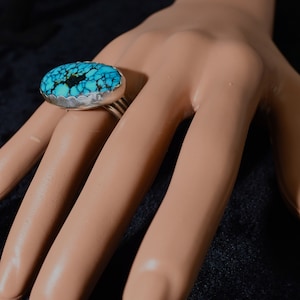 Natural blue huge Kingman Arizona Turquoise ring with pyrite matrix  set in heavy Sterling Silver. Oval. Southwestern. Handmade. size 7