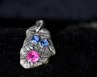 Handmade Oxidized Sterling Silver Sapphire Pendant Necklace, Brutalist Jewelry