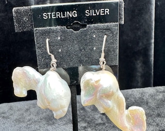 Handmade Sterling Silver Baroque Pearl Dangle Earrings, Genuine Fireball Statement Piece