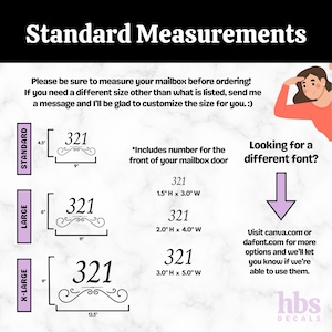 May include: A guide to standard mailbox number sizes with three options: standard, large, and extra large. The image shows the dimensions of each size in inches. The text "Includes number for the front of your mailbox door" is also included. The image also includes a pink arrow pointing down with the text "Looking for a different font?" and instructions to visit canva.com or dafont.com for more options.