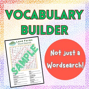 Land Forms Vocabulary Wordsearch with Definitions | Geography Worksheet | Upper Elementary Science Activity | Homeschool Resource | No Prep