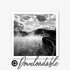 DOWNLOADABLE Misty Walk, New Zealand. Black and White Photography, Wall Decor, Square, Landscape, Smokey Lake Photograph
