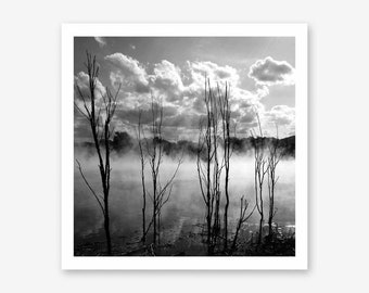 Misty Lake, New Zealand. Black and White Photography, Wall Decor, Travel Photography, Square, Landscape, Smokey Lake Photograph