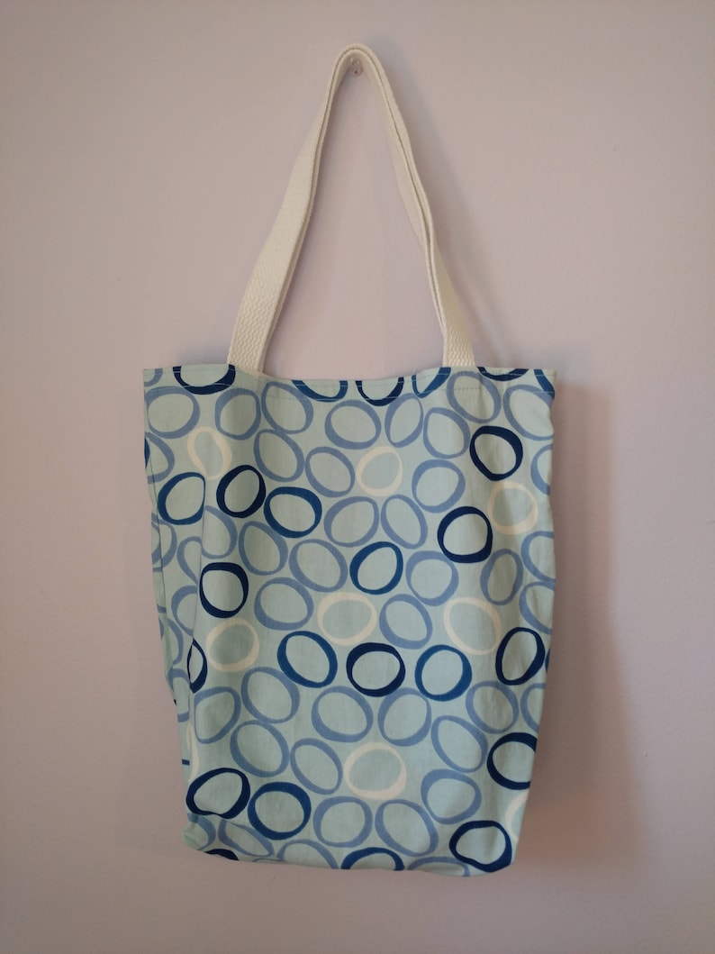Medium Canvas Tote Bag Blue Circles Pattern