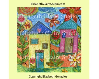 Pink and Yellow Houses Art Fabric Panel for DIY, 4x4 Image on a Fabric Panel Artwork, DIY Crafts, Quilting, Patchwork, Home Sweet Home