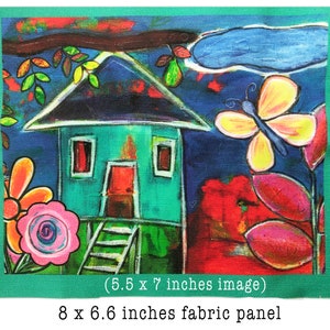 Colorful House Art Fabric Panel for DIY, 7x5.5 inches Image Area, Fabric Panel Artwork, DIY Crafts, Quilting, Zippered Pouch Panel image 1