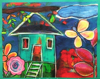 Colorful House Art Fabric Panel for DIY, 7x5.5 inches Image Area, Fabric Panel Artwork, DIY Crafts, Quilting, Zippered Pouch Panel